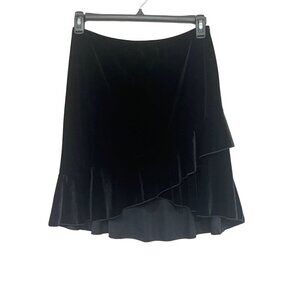 Vintage 90s Black Velvet Asymmetric Crossover Ruffle Hem Skirt Medium Fairy Goth